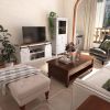 Farmhouse TV Stand in White Wood Finish with Sliding Doors for TV up to 65-inch