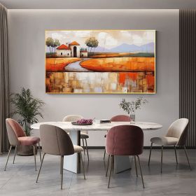Hand Painted Oil Painting Abstract Village Oil Painting on Canvas Large Wall Art Original Minimalist Orange Landscape Art Custom Painting Boho Li (style: 01, size: 50x100cm)