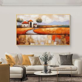 Hand Painted Oil Painting Abstract Village Oil Painting on Canvas Large Wall Art Original Minimalist Orange Landscape Art Custom Painting Boho Li (style: 01, size: 75x150cm)